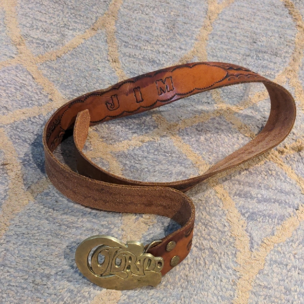 VTG Vintage 1978 Colorado brass Belt Buckle and leather Tooled Belt "Jim"